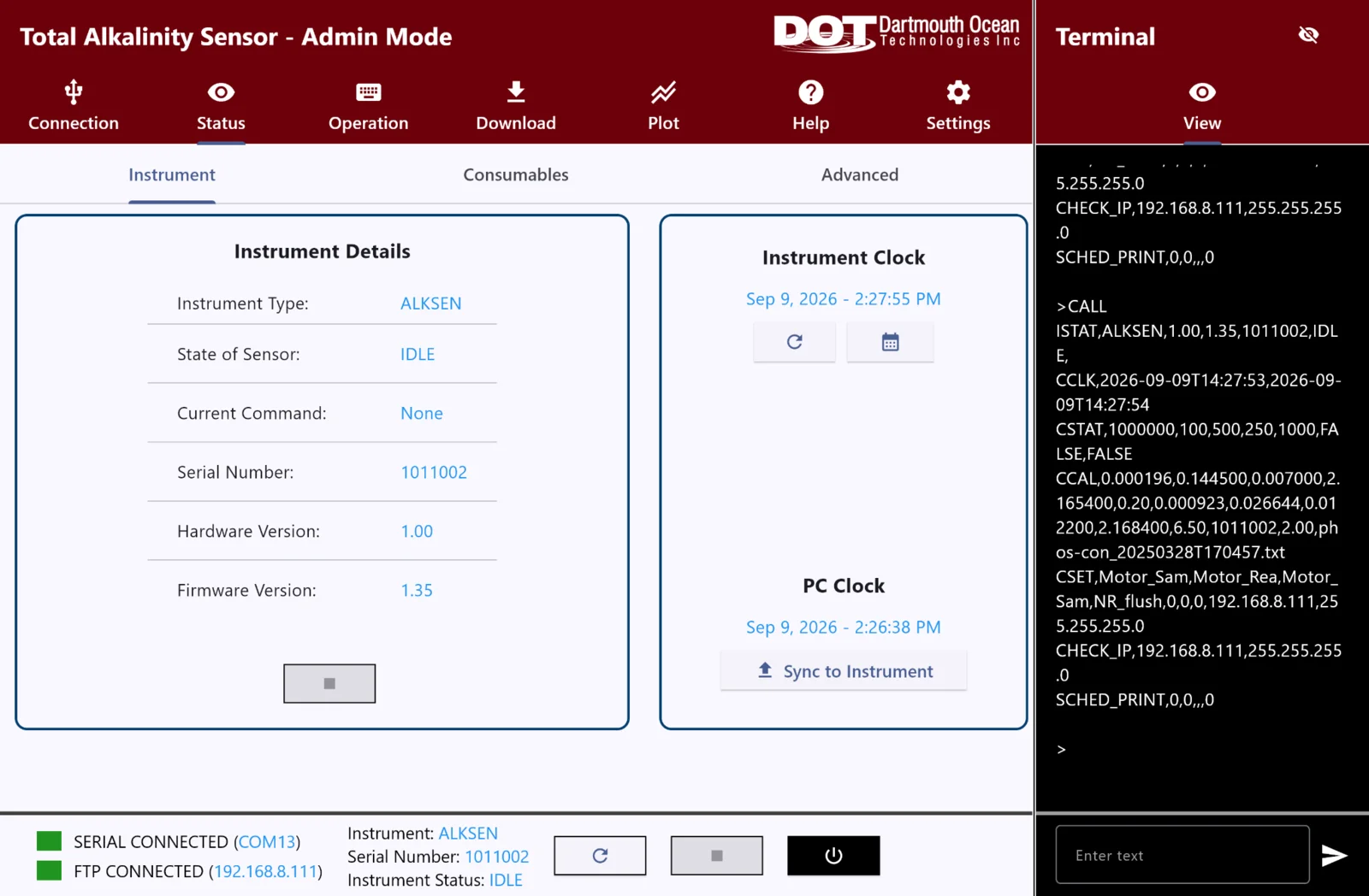 DOT Total Alkalinity Sensor app in admin mode with a live terminal panel